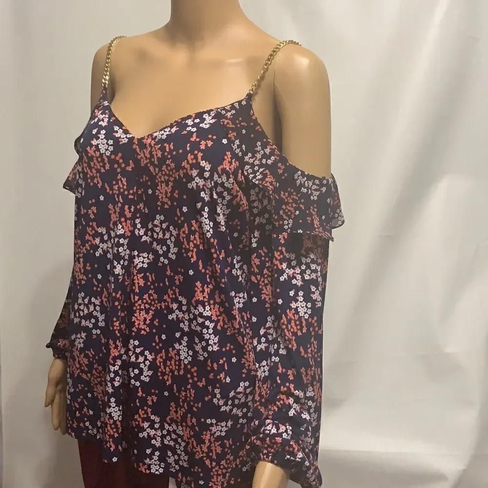 Michael Kors Medium Gold Chain Straps With Cut Out Sleeve V Neck Floral Pattern